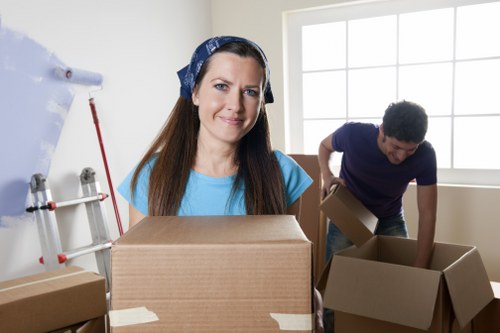 Packed office boxes and labelled items ready for relocation